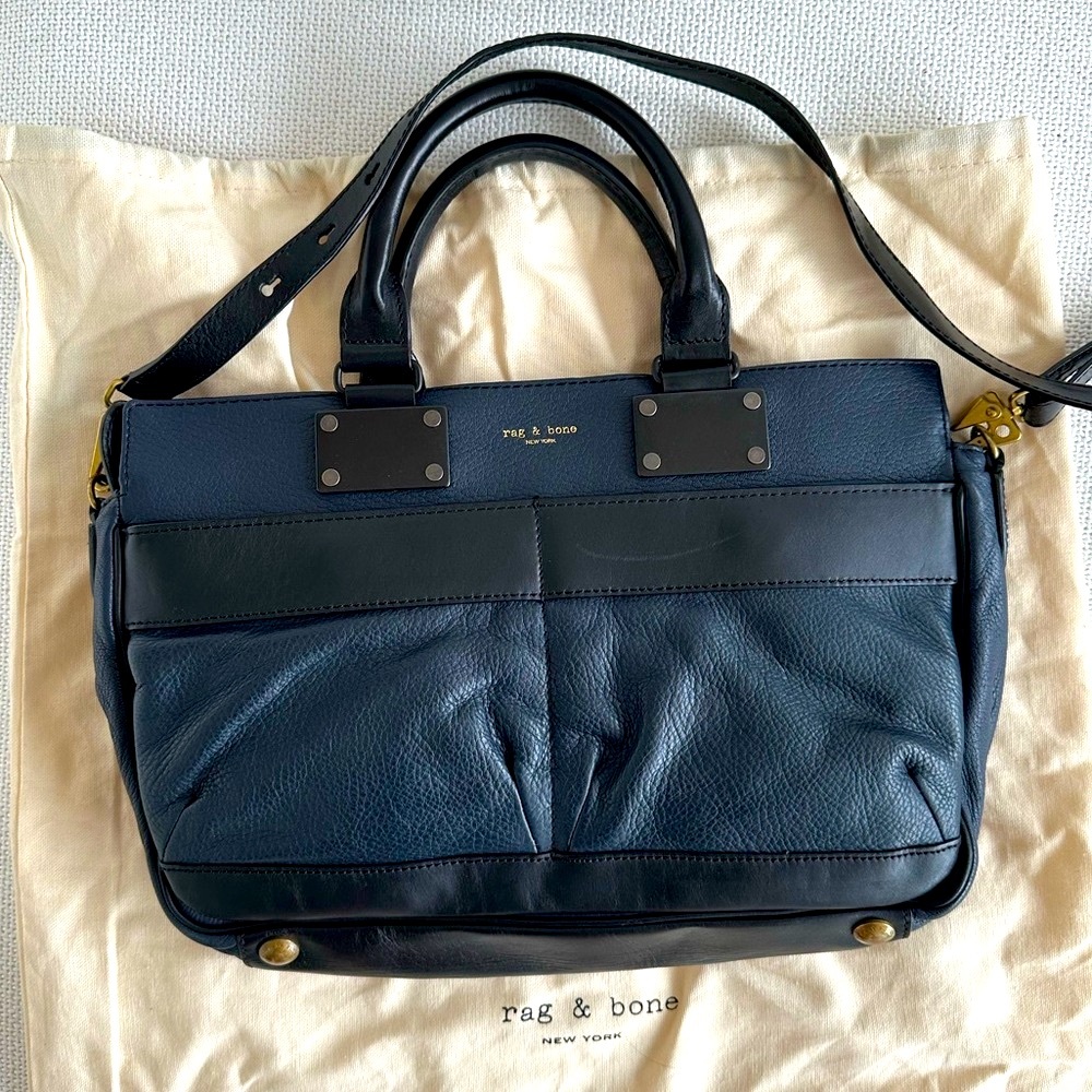 rag & bone Medium leather pilot satchel, navy and black leather